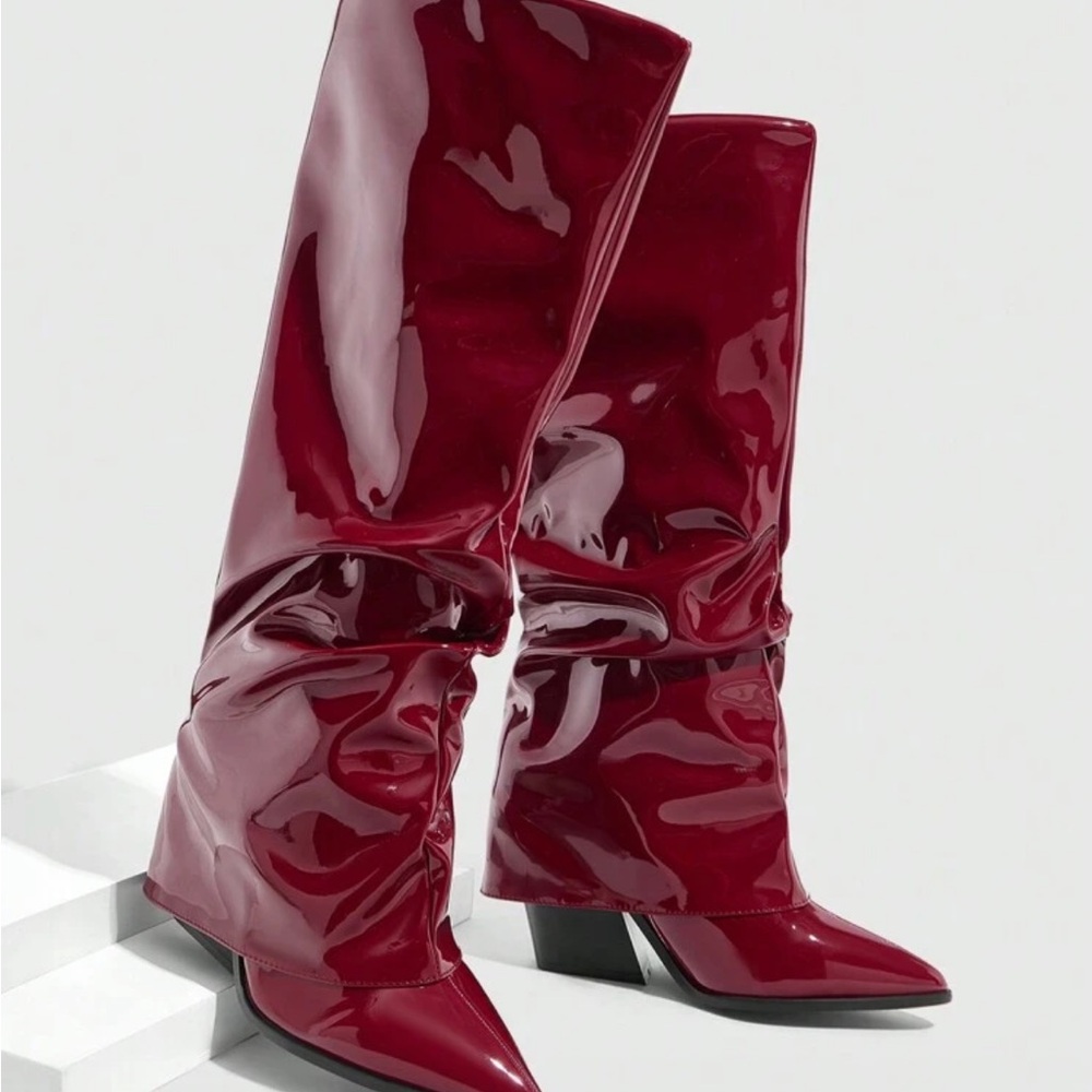 SHEIN Glossy Red Heeled Boots